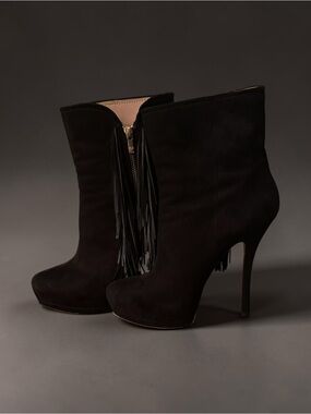 Pura Lopez Black Suede Fringe Platform Ankle Boots